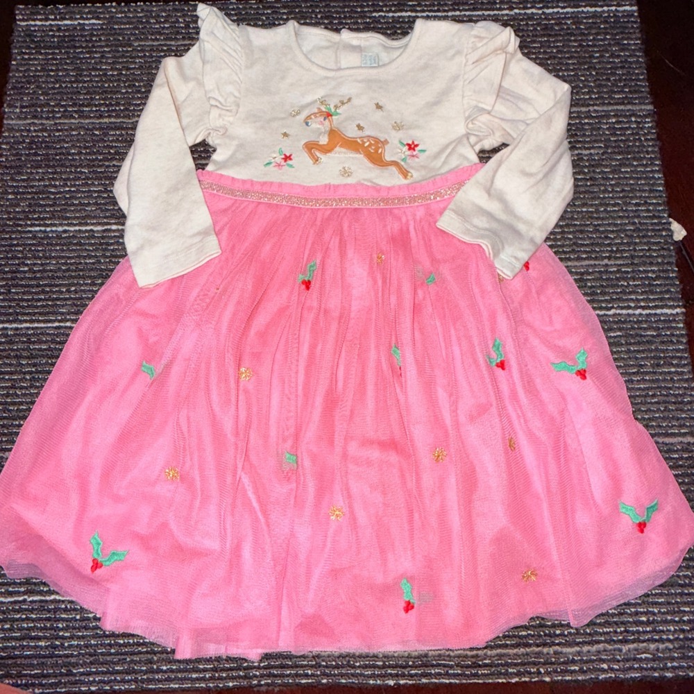 JoJo Maman Bebe Toddler Reindeer Christmas Tulle Dress Pink‎ 18-24M NWOT